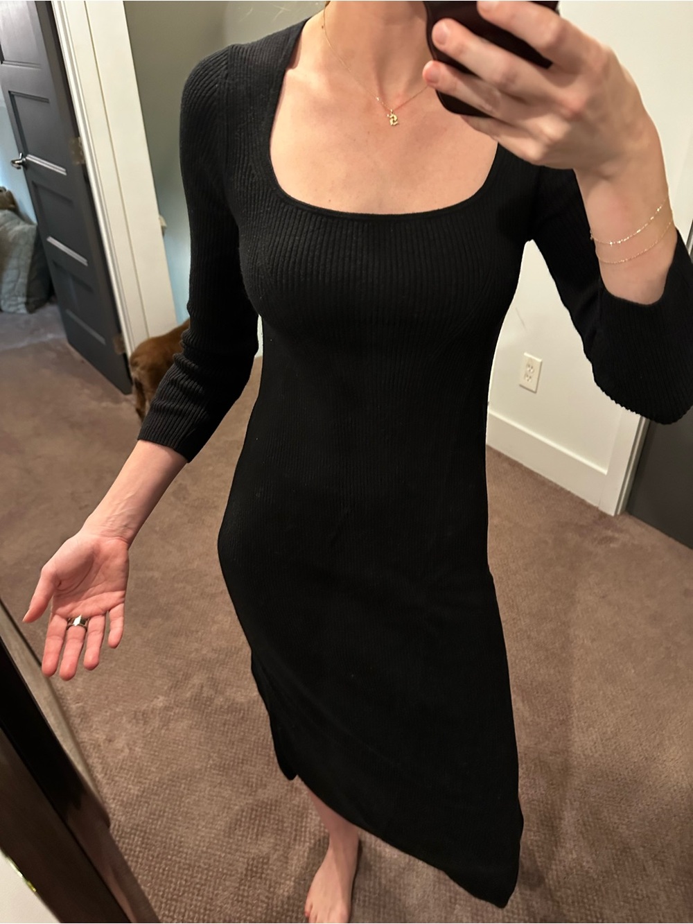 Black Ribbed Midi Dress with Side Slit